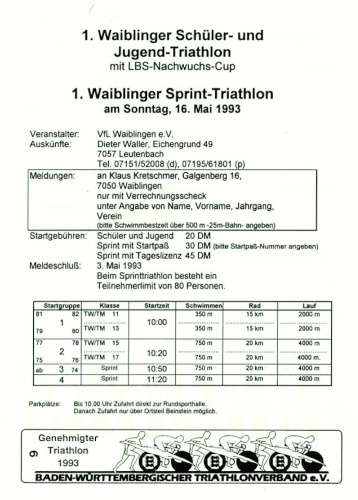 Die Ausschreibung des ersten Waiblinger Triathlons 1993.